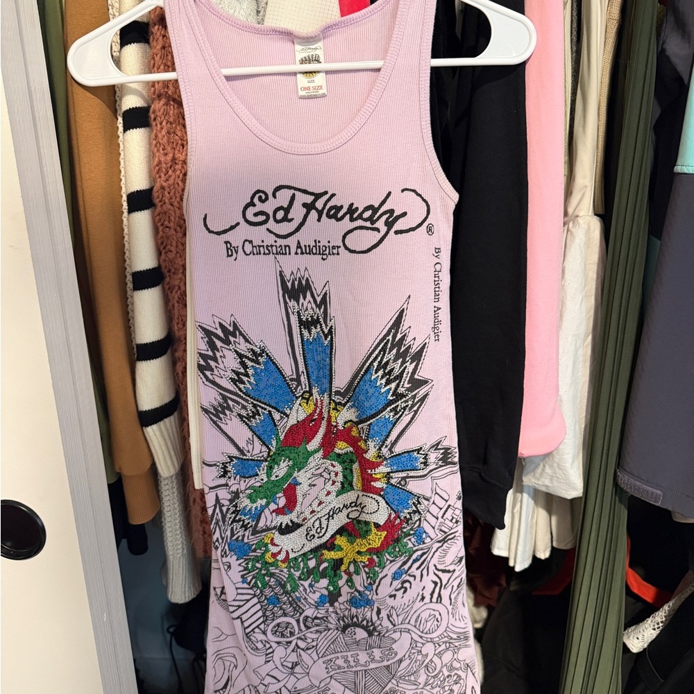 VINTAGE Ed Hardy Lavender Graphic Tank Dress